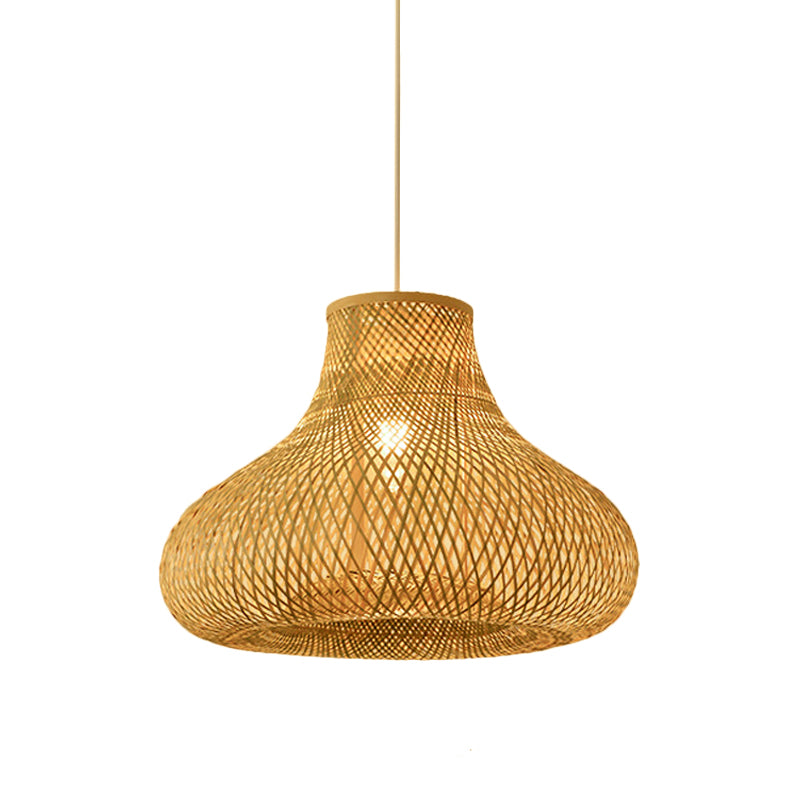 Bamboo Pendant Lamp for Restaurants - Asian Style, Globular, Twisted Shape in Beige