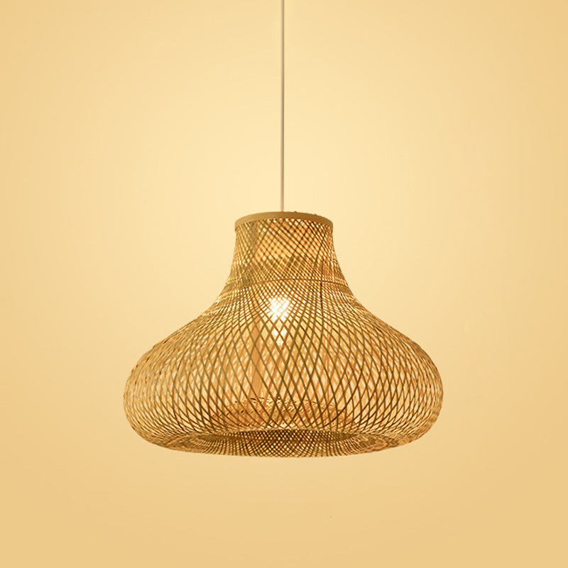 Bamboo Pendant Lamp for Restaurants - Asian Style, Globular, Twisted Shape in Beige