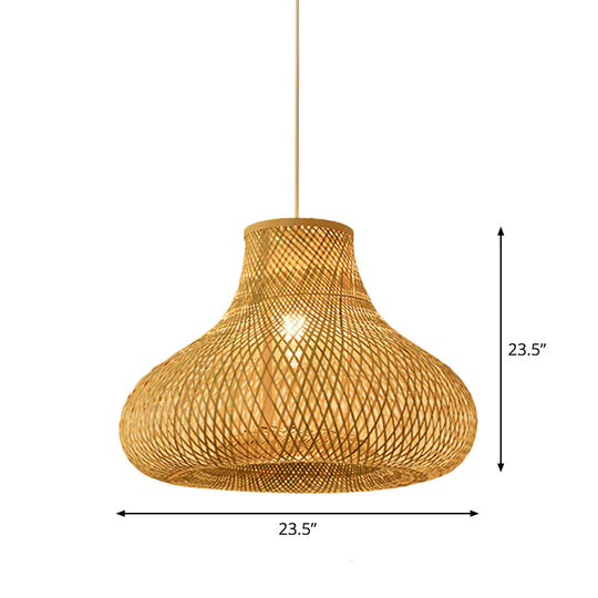 Bamboo Pendant Lamp for Restaurants - Asian Style, Globular, Twisted Shape in Beige