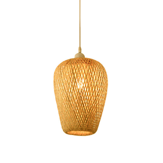 Bamboo Pendant Lamp for Restaurants - Asian Style, Globular, Twisted Shape in Beige