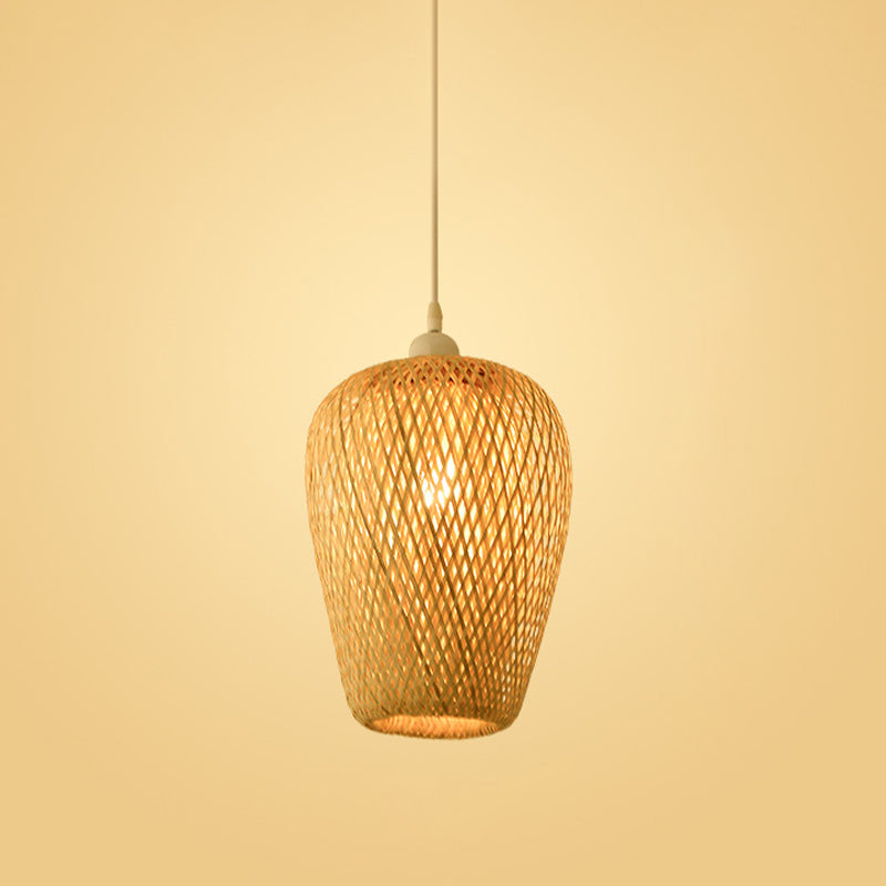 Bamboo Pendant Lamp for Restaurants - Asian Style, Globular, Twisted Shape in Beige