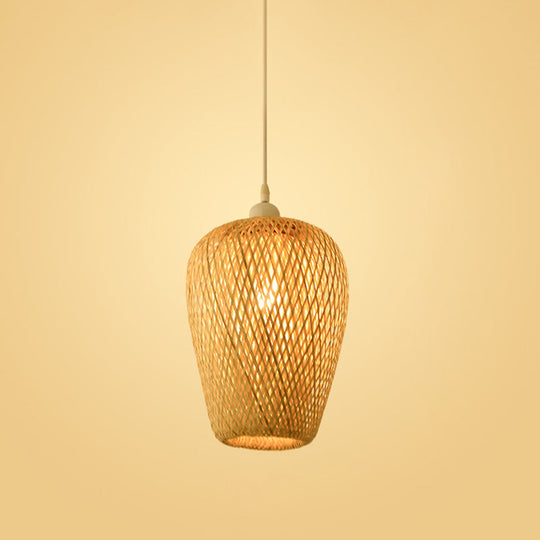 Bamboo Pendant Lamp for Restaurants - Asian Style, Globular, Twisted Shape in Beige