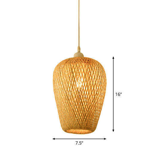 Bamboo Pendant Lamp for Restaurants - Asian Style, Globular, Twisted Shape in Beige