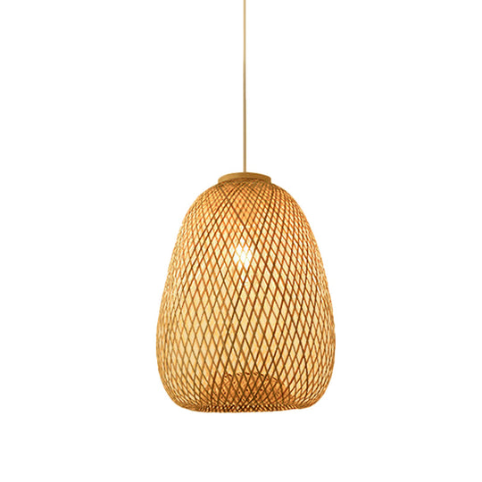 Bamboo Pendant Lamp for Restaurants - Asian Style, Globular, Twisted Shape in Beige