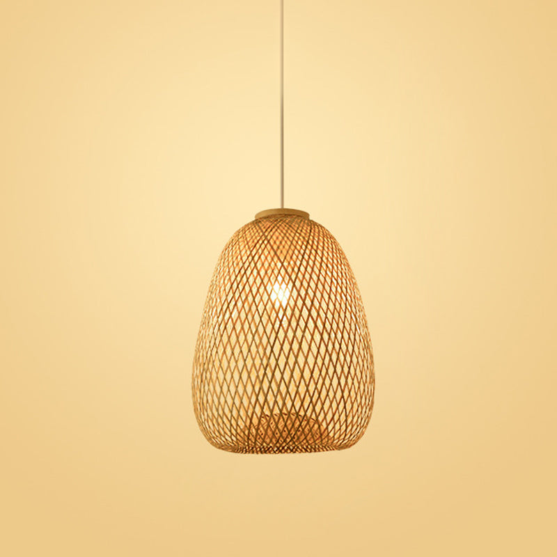 Bamboo Pendant Lamp for Restaurants - Asian Style, Globular, Twisted Shape in Beige