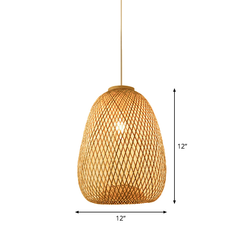 Bamboo Pendant Lamp for Restaurants - Asian Style, Globular, Twisted Shape in Beige