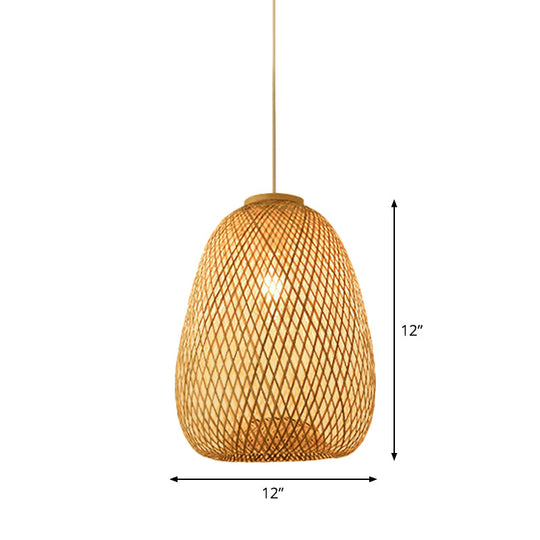 Bamboo Pendant Lamp for Restaurants - Asian Style, Globular, Twisted Shape in Beige