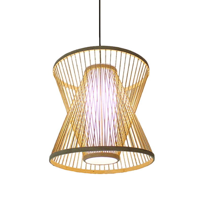 Asian Bamboo Tearoom Pendant Light - Funnel Shape, Urn Design, Single-Bulb, Beige