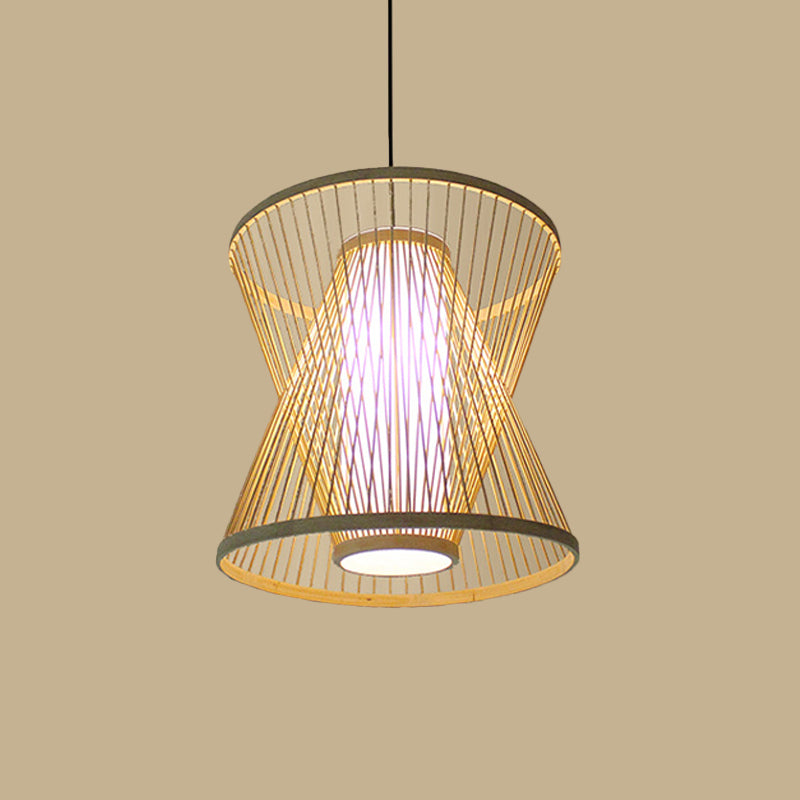 Asian Bamboo Tearoom Pendant Light - Funnel/Urn/Pear Ceiling Hanging Lamp Single-Bulb Beige