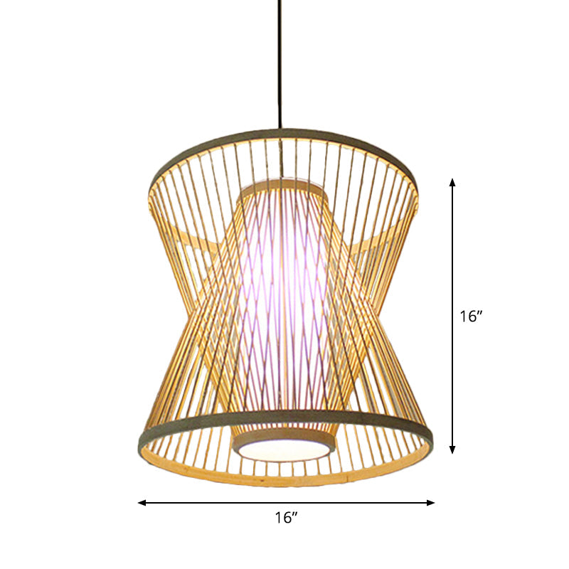 Asian Bamboo Tearoom Pendant Light - Funnel/Urn/Pear Ceiling Hanging Lamp Single-Bulb Beige