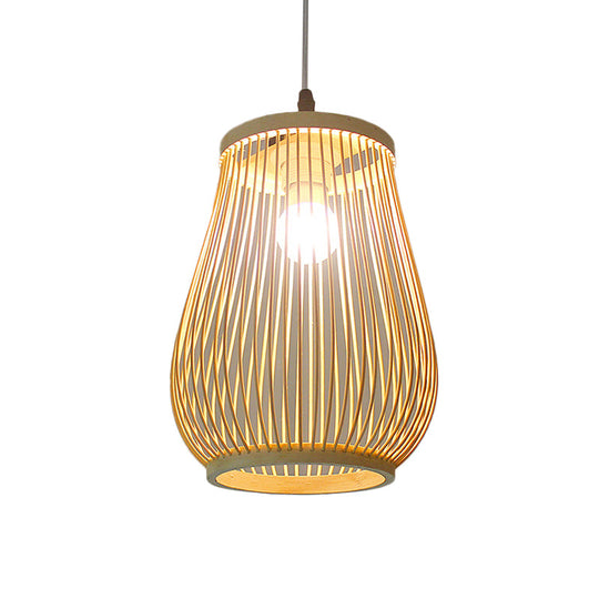 Asian Bamboo Tearoom Pendant Light - Funnel Shape, Urn Design, Single-Bulb, Beige