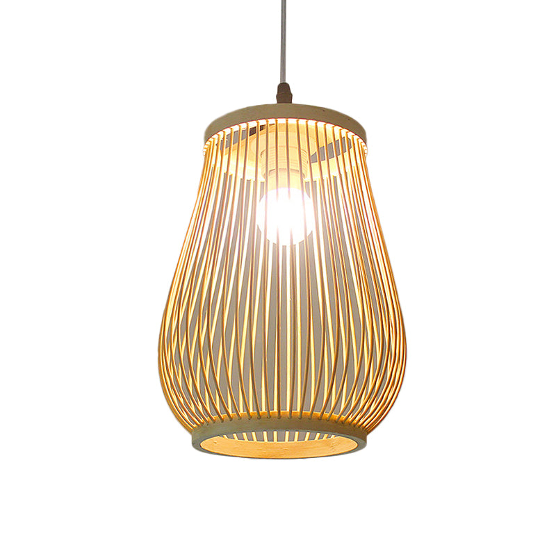 Asian Bamboo Tearoom Pendant Light - Funnel/Urn/Pear Ceiling Hanging Lamp Single-Bulb Beige / A