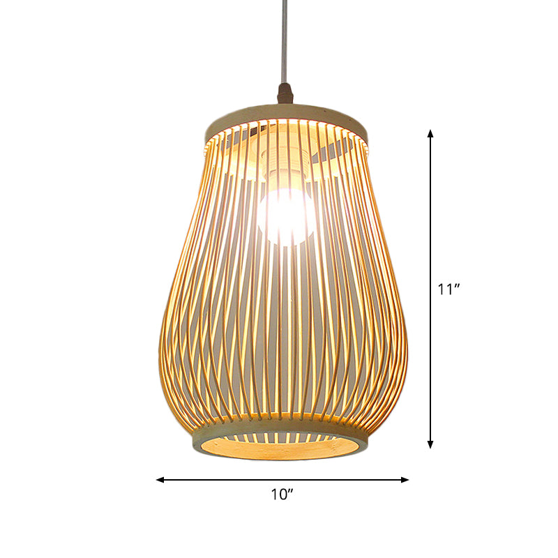 Asian Bamboo Tearoom Pendant Light - Funnel/Urn/Pear Ceiling Hanging Lamp Single-Bulb Beige