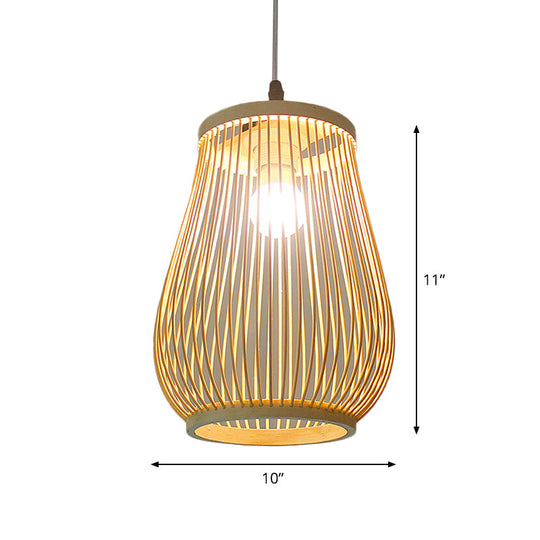 Asian Bamboo Tearoom Pendant Light - Funnel/Urn/Pear Ceiling Hanging Lamp Single-Bulb Beige