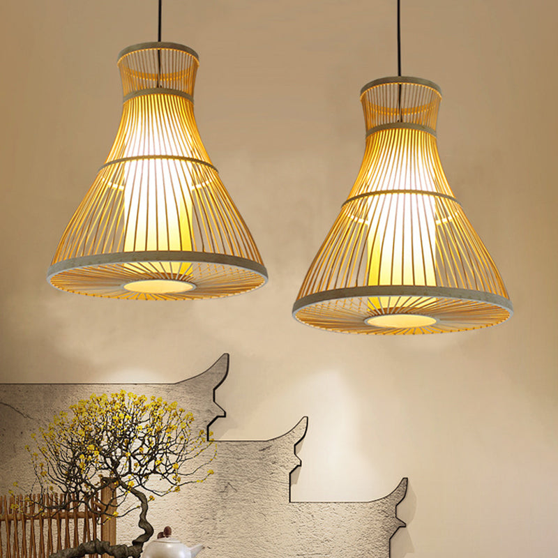 Asian Bamboo Tearoom Pendant Light - Funnel/Urn/Pear Ceiling Hanging Lamp Single-Bulb Beige / B