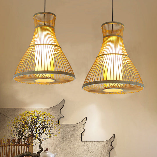 Asian Bamboo Tearoom Pendant Light - Funnel/Urn/Pear Ceiling Hanging Lamp Single-Bulb Beige / B