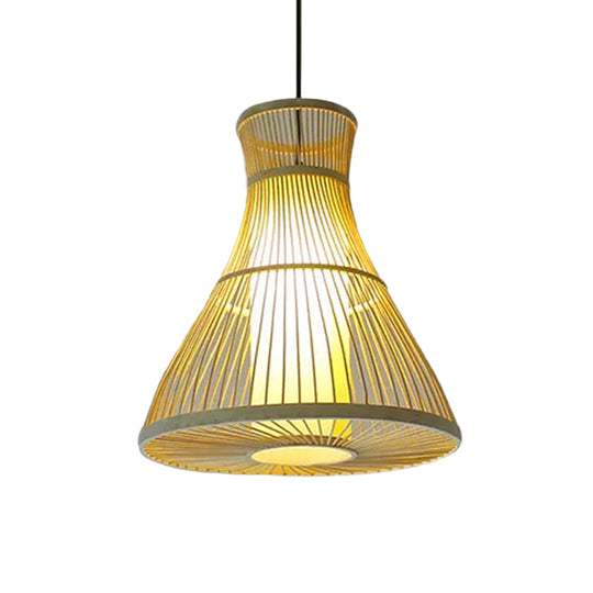 Asian Bamboo Tearoom Pendant Light - Funnel/Urn/Pear Ceiling Hanging Lamp Single-Bulb Beige