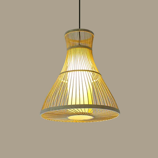 Asian Bamboo Tearoom Pendant Light - Funnel/Urn/Pear Ceiling Hanging Lamp Single-Bulb Beige