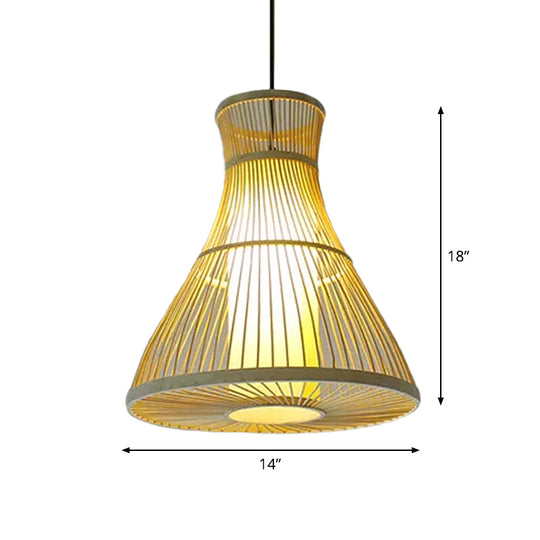 Asian Bamboo Tearoom Pendant Light - Funnel/Urn/Pear Ceiling Hanging Lamp Single-Bulb Beige