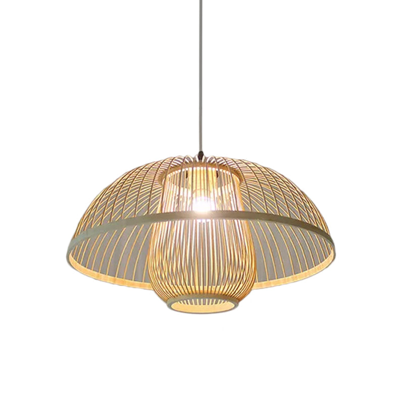 Asian Bamboo Tearoom Pendant Light - Funnel Shape, Urn Design, Single-Bulb, Beige