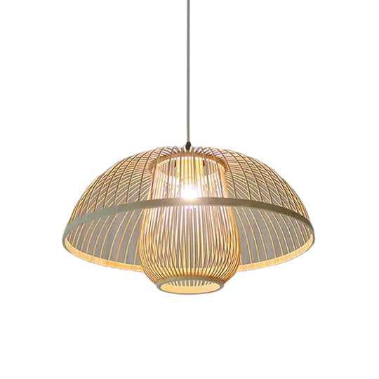 Asian Bamboo Tearoom Pendant Light - Funnel Shape, Urn Design, Single-Bulb, Beige