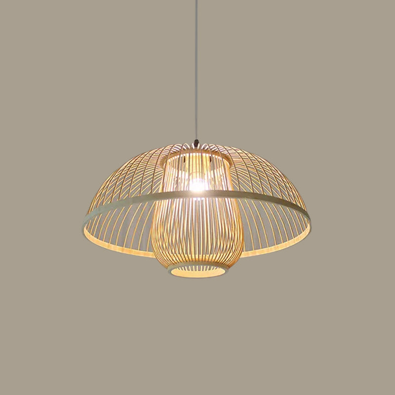 Asian Bamboo Tearoom Pendant Light - Funnel/Urn/Pear Ceiling Hanging Lamp Single-Bulb Beige