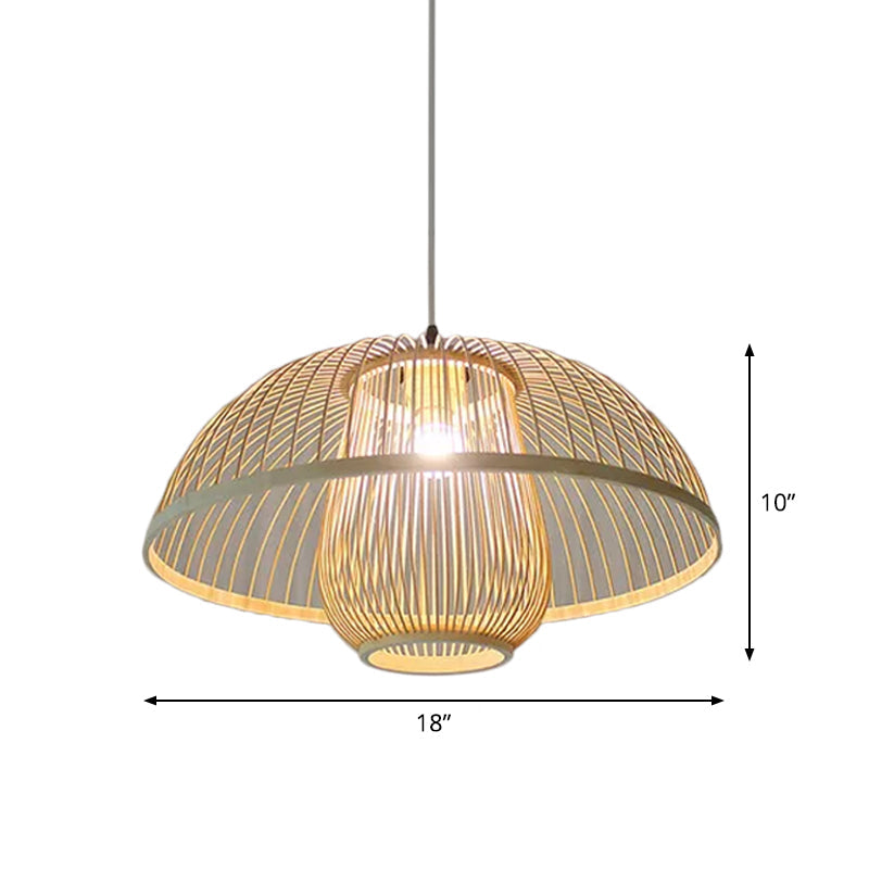 Asian Bamboo Tearoom Pendant Light - Funnel/Urn/Pear Ceiling Hanging Lamp Single-Bulb Beige