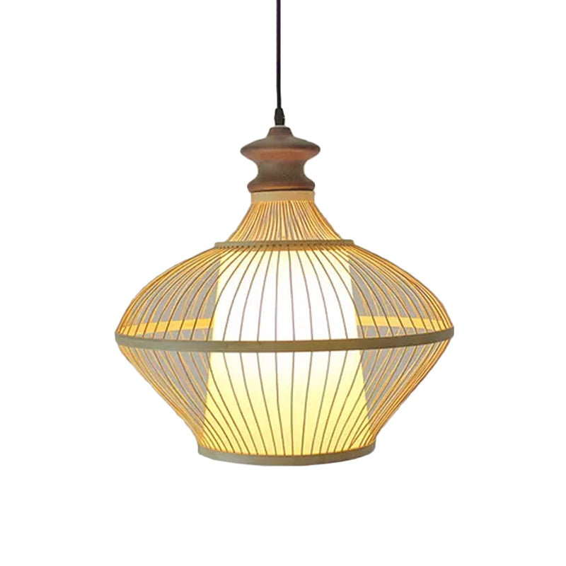 Asian Bamboo Tearoom Pendant Light - Funnel Shape, Urn Design, Single-Bulb, Beige