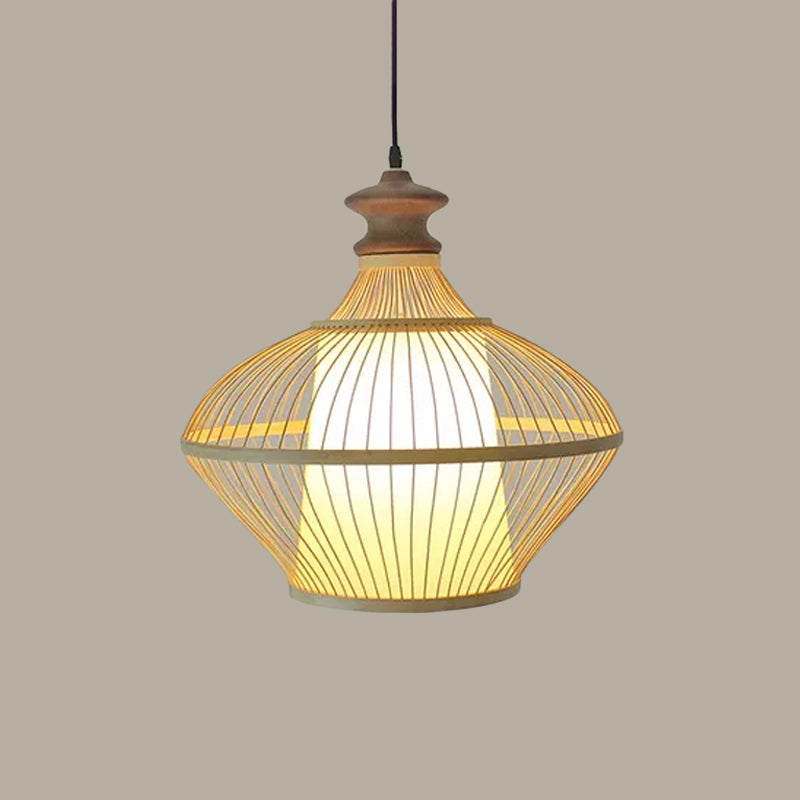 Asian Bamboo Tearoom Pendant Light - Funnel/Urn/Pear Ceiling Hanging Lamp Single-Bulb Beige