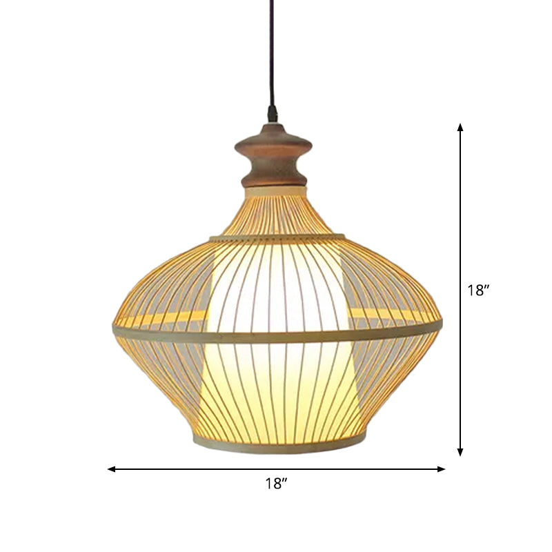 Asian Bamboo Tearoom Pendant Light - Funnel/Urn/Pear Ceiling Hanging Lamp Single-Bulb Beige