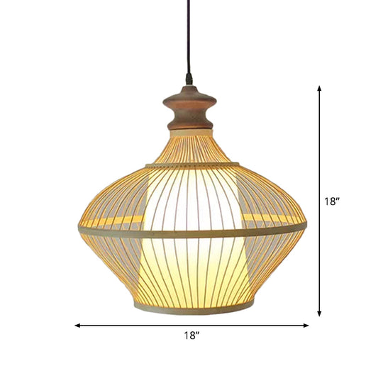 Asian Bamboo Tearoom Pendant Light - Funnel/Urn/Pear Ceiling Hanging Lamp Single-Bulb Beige