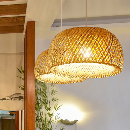 Bamboo Pendant Lighting - Chinese Cross-Weaving Dome Style, 1 Light Beige Ceiling Light (12"/14"/23.5")