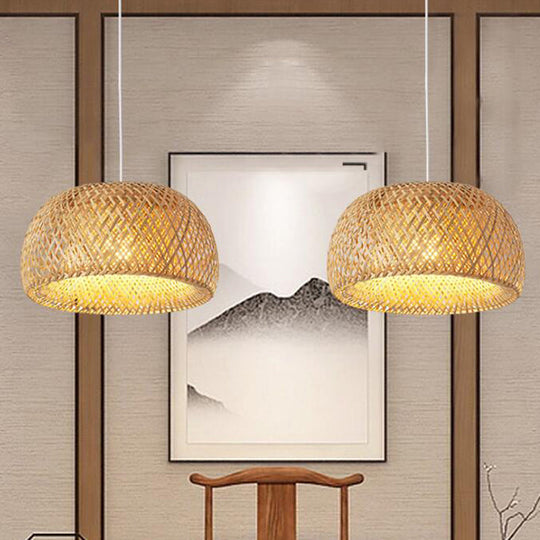 Bamboo Pendant Lighting - Chinese Cross-Weaving Dome Style, 1 Light Beige Ceiling Light (12"/14"/23.5")