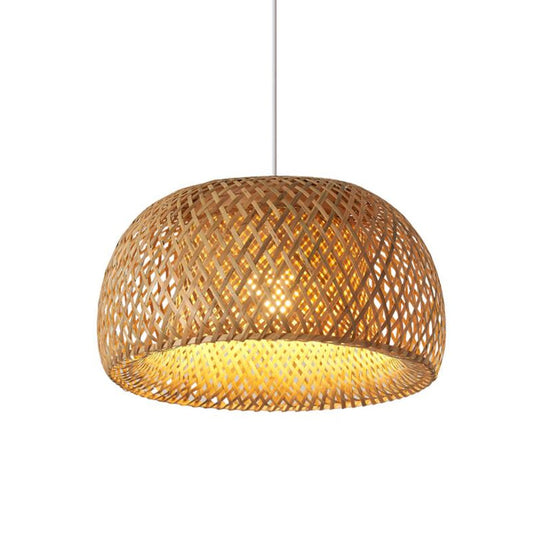 Bamboo Pendant Lighting - Chinese Cross-Weaving Dome Style, 1 Light Beige Ceiling Light (12"/14"/23.5")