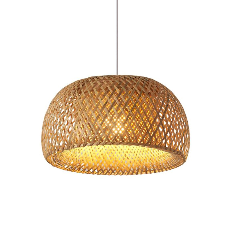 Bamboo Pendant Lighting - Chinese Cross-Weaving Dome Design 1 Light Beige Ceiling Ideal For Table