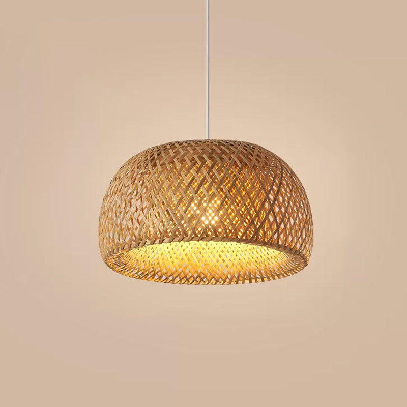 Bamboo Pendant Lighting - Chinese Cross-Weaving Dome Style, 1 Light Beige Ceiling Light (12"/14"/23.5")