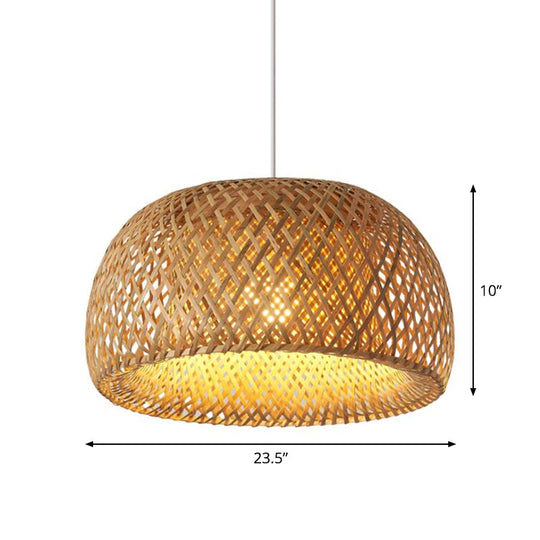 Bamboo Pendant Lighting - Chinese Cross-Weaving Dome Style, 1 Light Beige Ceiling Light (12"/14"/23.5")