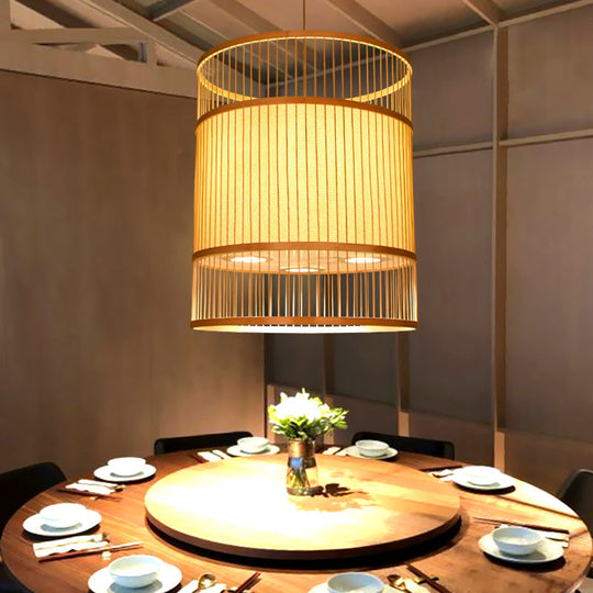 Contemporary Beige Suspension Pendant - Bamboo Ceiling Hang Lamp for Restaurants