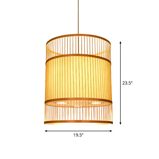 Contemporary Beige Suspension Pendant - Bamboo Ceiling Hang Lamp for Restaurants