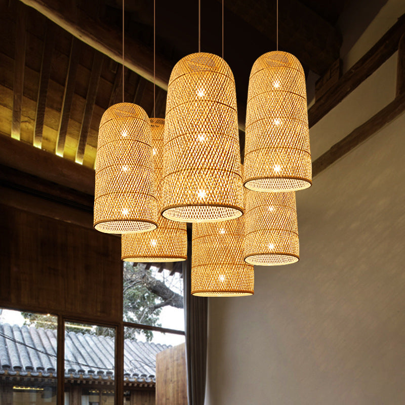 Criss-Cross Woven Bamboo Asian Pendant Lamp - Beige Color