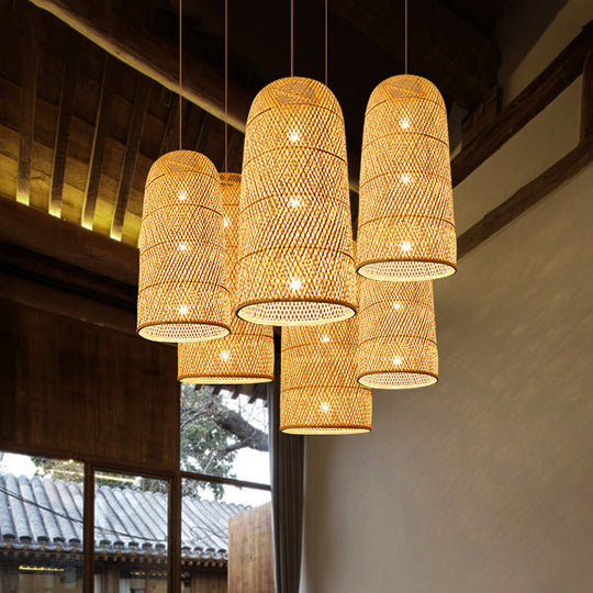 Criss-Cross Woven Bamboo Asian Pendant Lamp - Beige Color