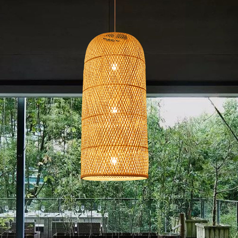 Criss-Cross Woven Bamboo Asian Pendant Lamp - Beige Color