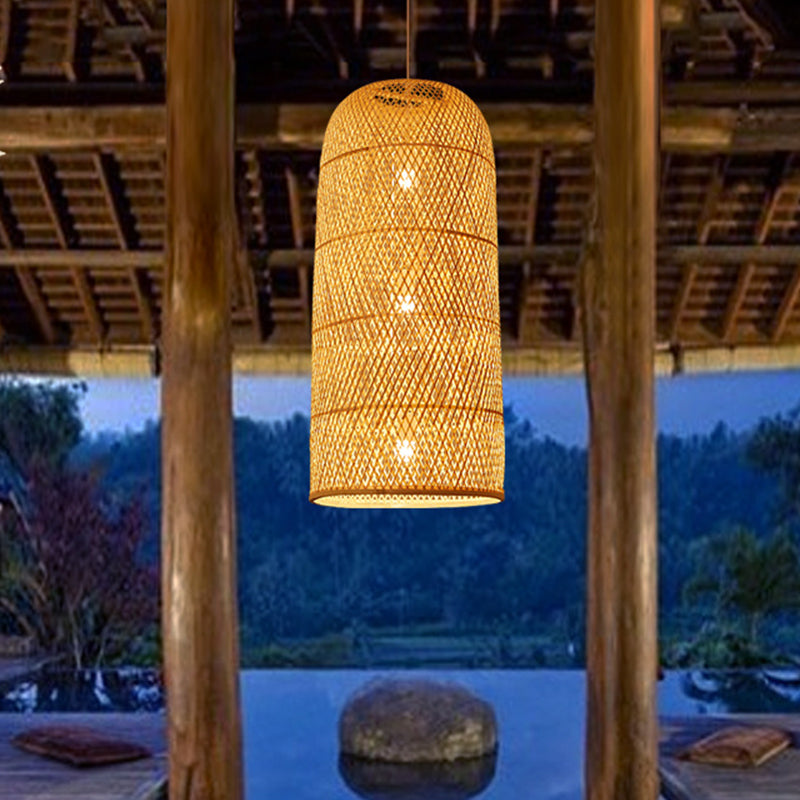 Criss-Cross Woven Bamboo Asian Pendant Lamp - Beige Color