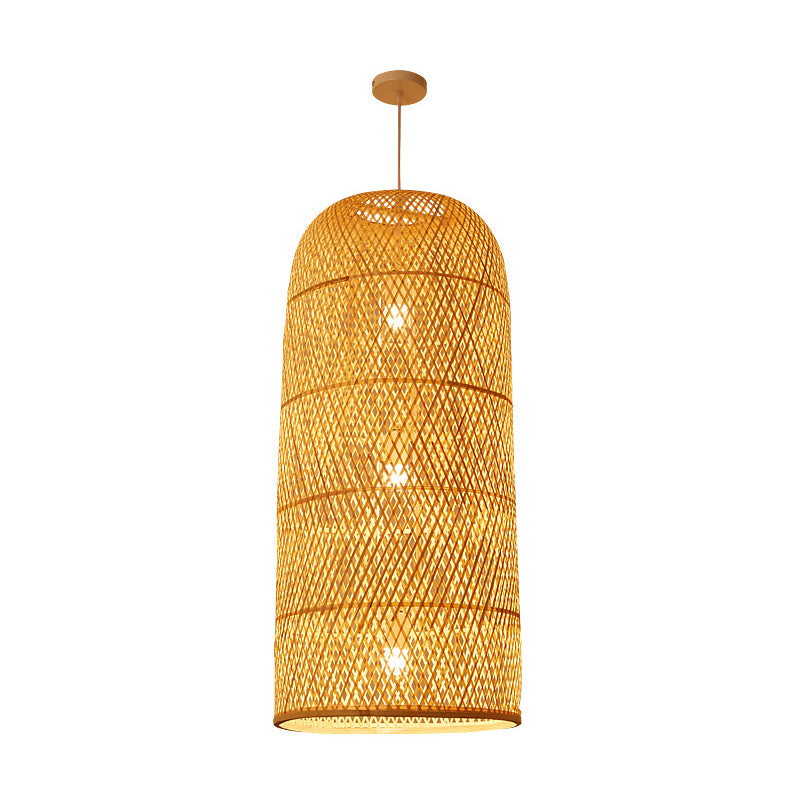 Criss-Cross Woven Bamboo Asian Pendant Lamp - Beige Color