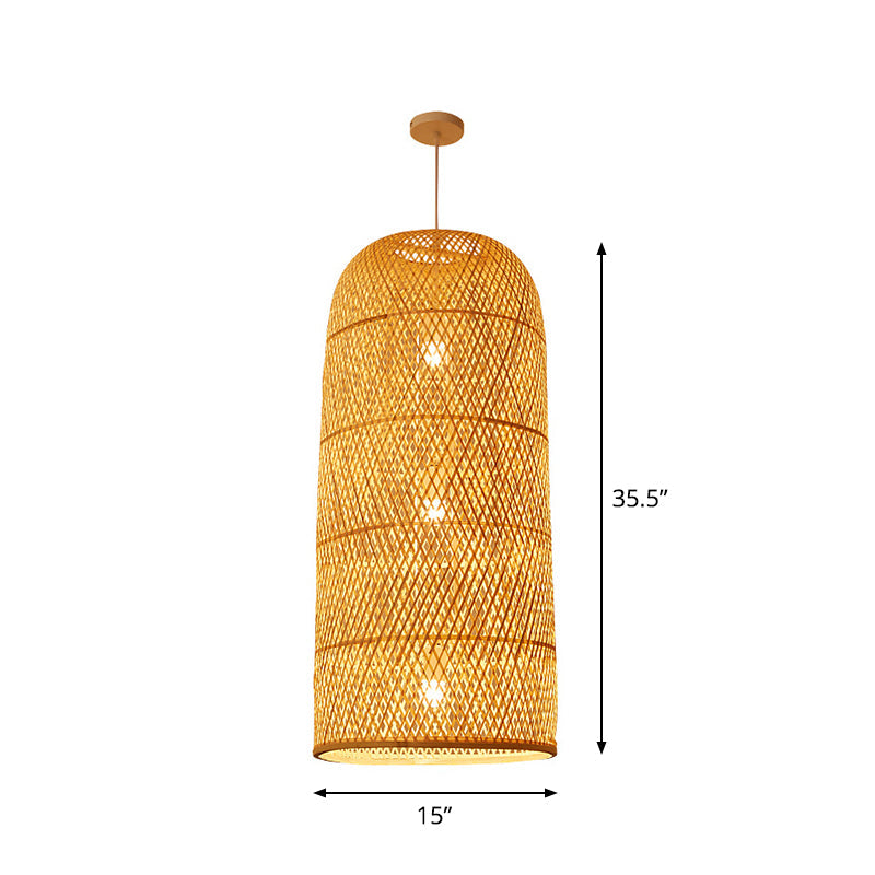 Criss-Cross Woven Bamboo Asian Pendant Lamp - Beige Color