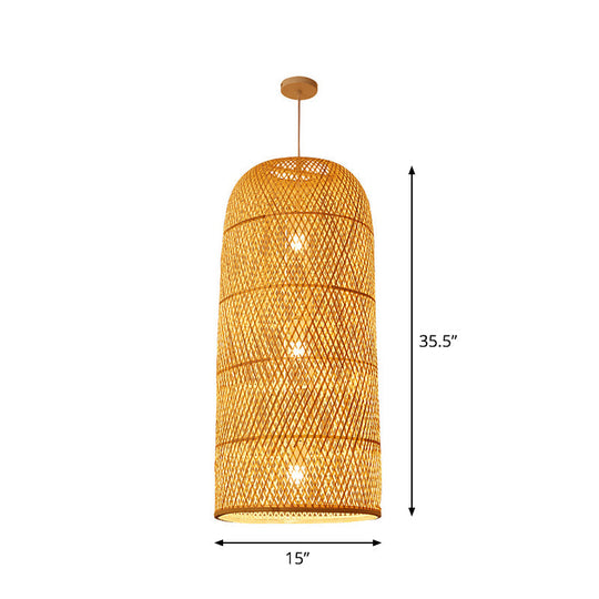 Criss-Cross Woven Bamboo Asian Pendant Lamp - Beige Color