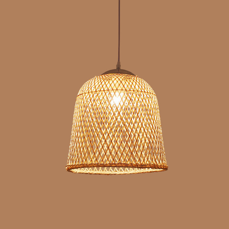 Criss-Cross Woven Bamboo Asian Pendant Lamp - Beige Color