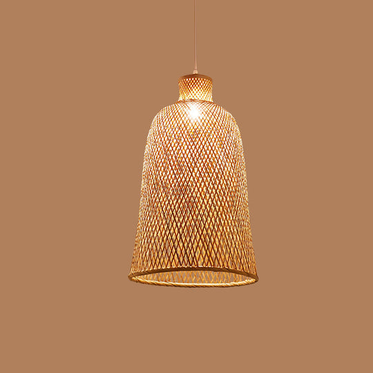 Criss-Cross Woven Bamboo Asian Pendant Lamp - Beige Color