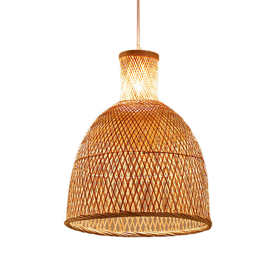 Criss-Cross Woven Bamboo Asian Pendant Lamp - Beige Color