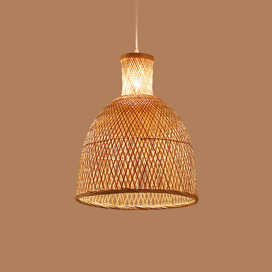 Criss-Cross Woven Bamboo Asian Pendant Lamp - Beige Color